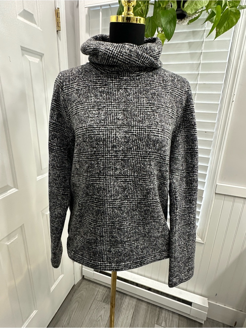 J. Crew Black and White Plaid Cowl Neck Sweater